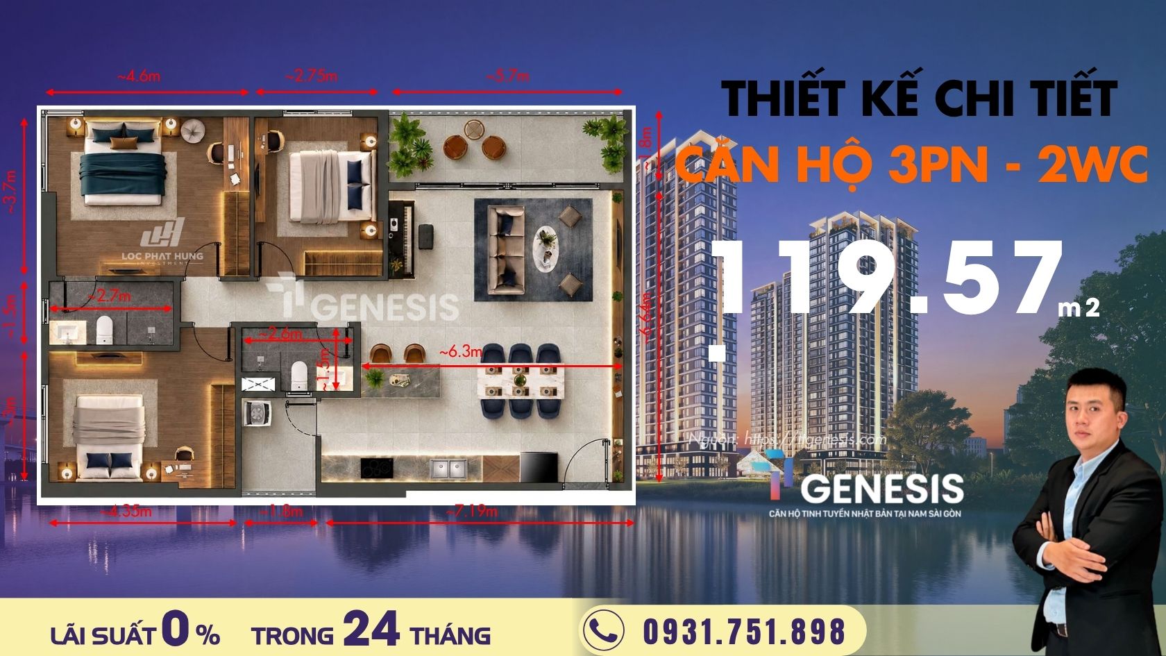 Thiết kế căn hộ 3 phòng ngủ TT Genesis