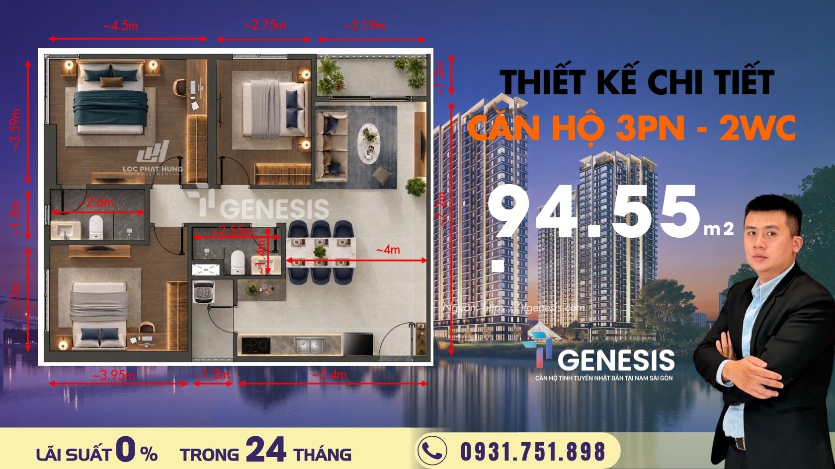 Thiết kế căn hộ 3 phòng ngủ TT Genesis