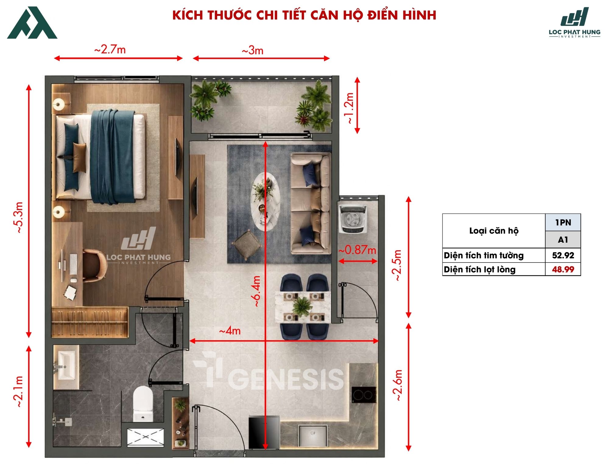 Thiết kế chi tiết căn hộ 1 Phòng Ngủ TT Genesis