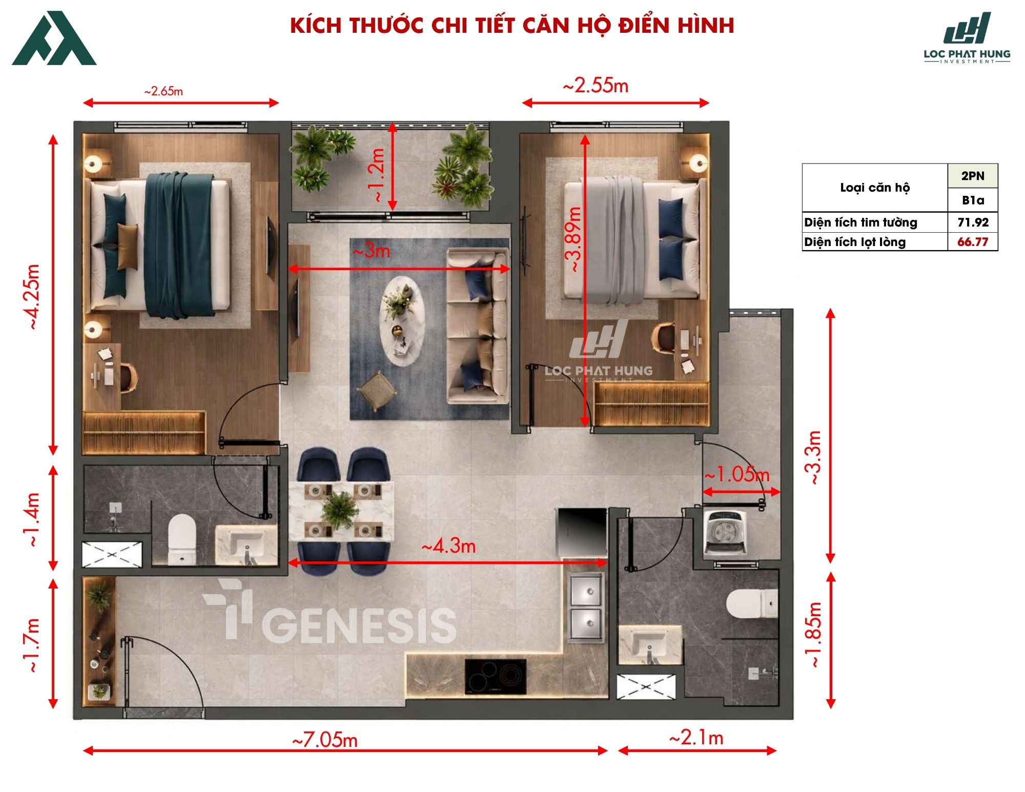 Thiết kế chi tiết căn hộ 2 phòng ngủ TT Genesis