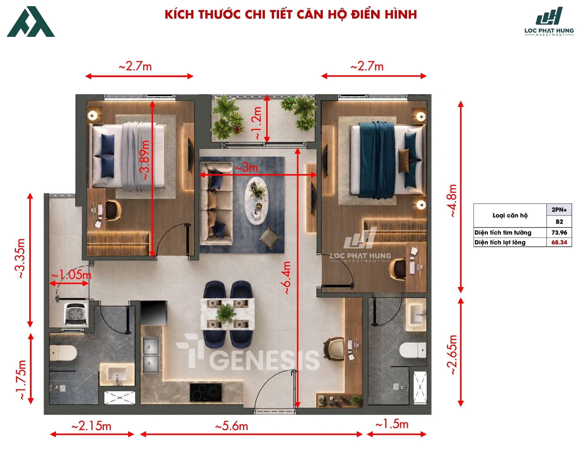 Thiết kế chi tiết căn hộ 2 phòng ngủ TT Genesis