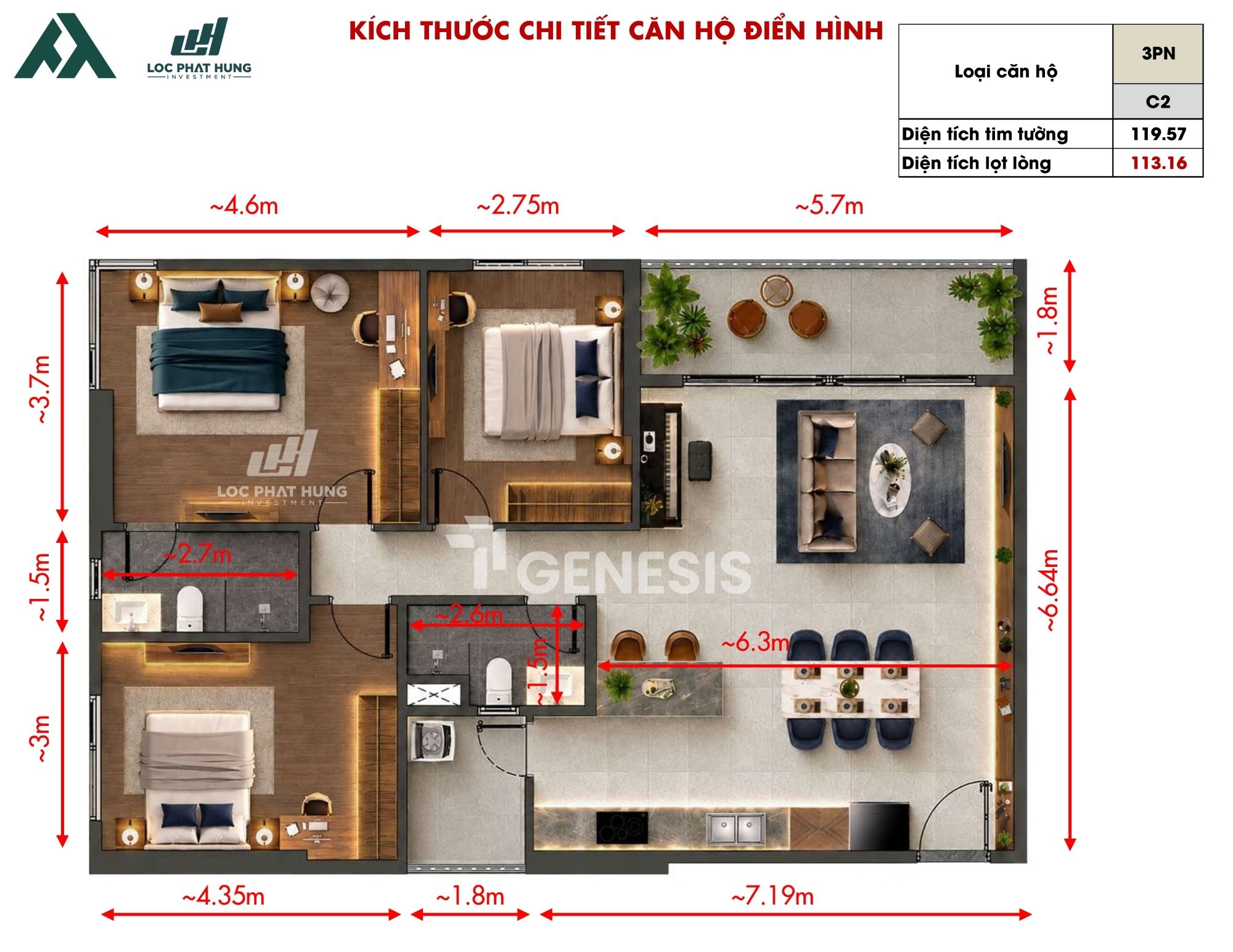 Thiết kế căn hộ 3 phòng ngủ TT Genesis