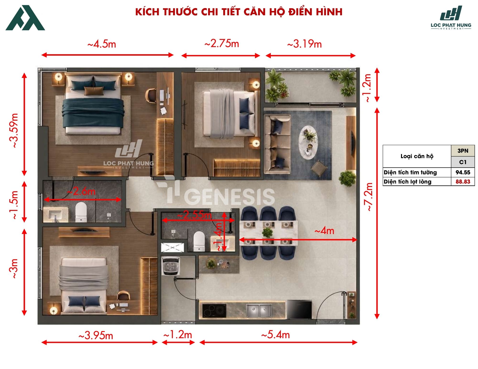 Thiết kế căn hộ 3 phòng ngủ TT Genesis